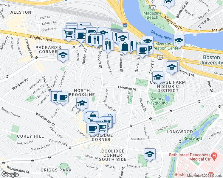 map of restaurants, bars, coffee shops, grocery stores, and more near 217 Freeman Street in Brookline
