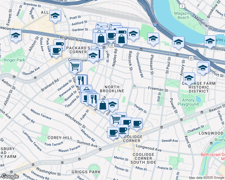 map of restaurants, bars, coffee shops, grocery stores, and more near in Brookline