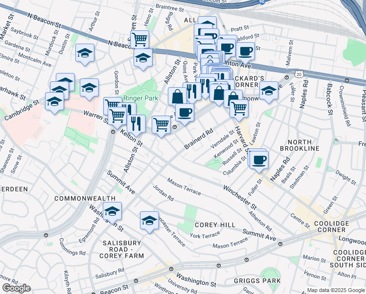 map of restaurants, bars, coffee shops, grocery stores, and more near 1322 Commonwealth Avenue in Boston
