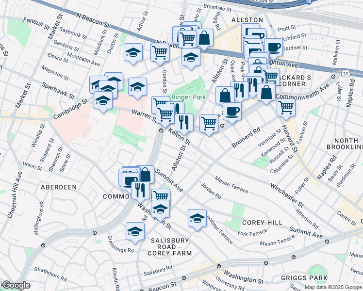 map of restaurants, bars, coffee shops, grocery stores, and more near 153 Kelton Street in Boston