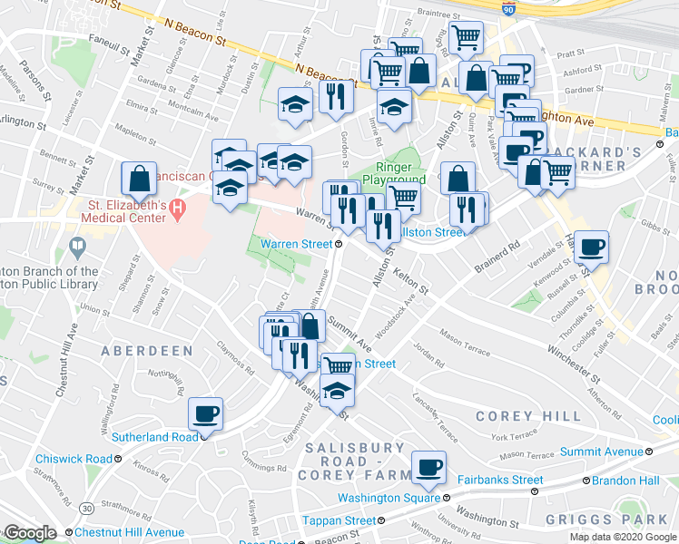 map of restaurants, bars, coffee shops, grocery stores, and more near in Boston