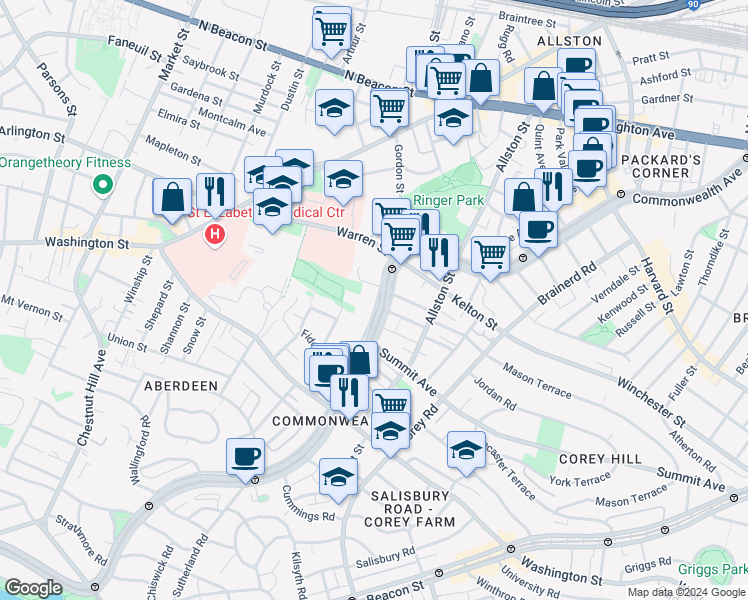 map of restaurants, bars, coffee shops, grocery stores, and more near in Boston