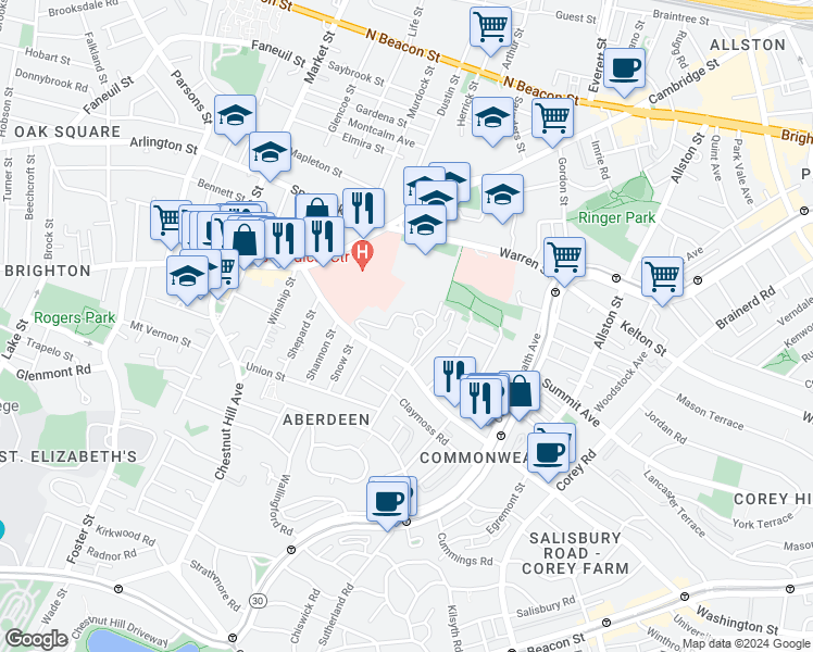 map of restaurants, bars, coffee shops, grocery stores, and more near 181 Washington Street in Boston