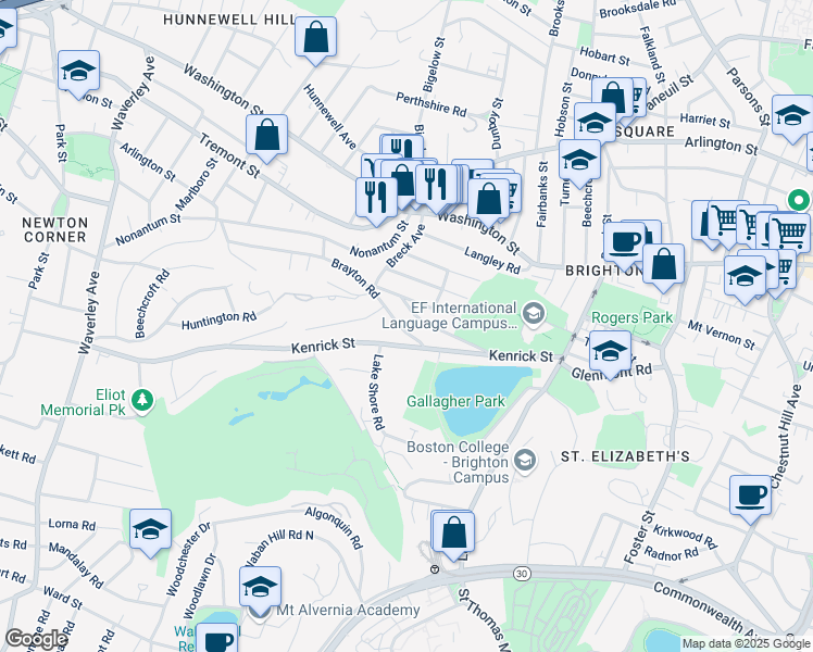 map of restaurants, bars, coffee shops, grocery stores, and more near 53 Brayton Road in Boston
