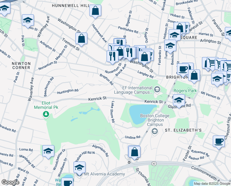 map of restaurants, bars, coffee shops, grocery stores, and more near 53 Brayton Road in Boston