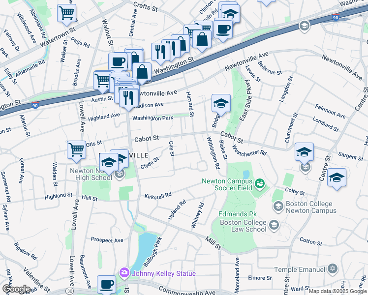 map of restaurants, bars, coffee shops, grocery stores, and more near 288 Cabot Street in Newton
