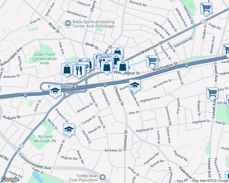 map of restaurants, bars, coffee shops, grocery stores, and more near 68 Chestnut Street in Newton