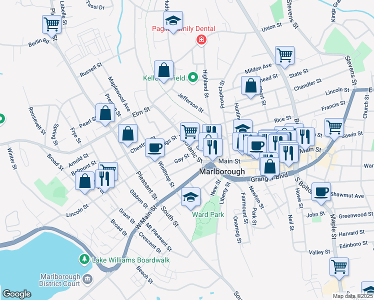 map of restaurants, bars, coffee shops, grocery stores, and more near 80 Mechanic Street in Marlborough