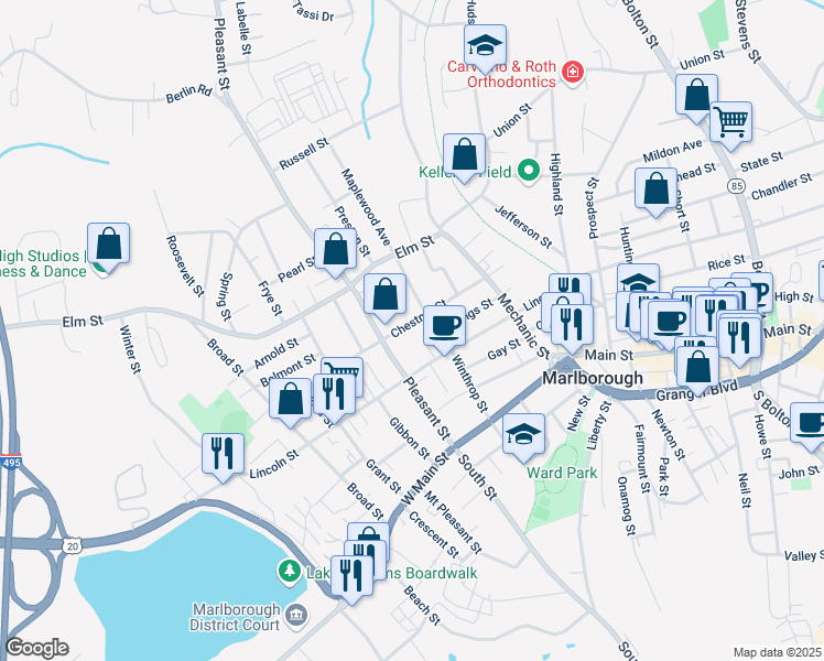 map of restaurants, bars, coffee shops, grocery stores, and more near 44 Howland Street in Marlborough