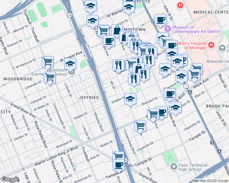 map of restaurants, bars, coffee shops, grocery stores, and more near 4105 4th Street in Detroit