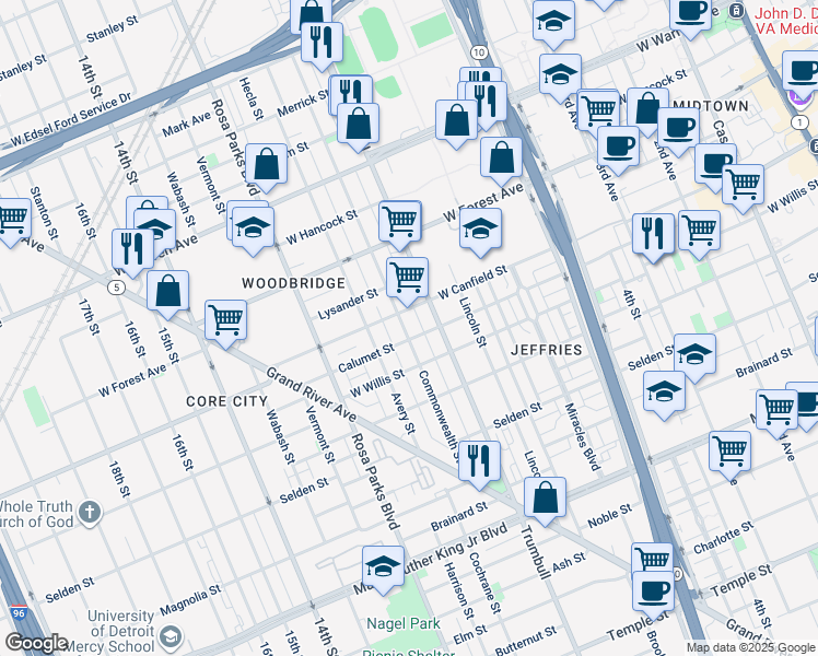 map of restaurants, bars, coffee shops, grocery stores, and more near 4420 Commonwealth Street in Detroit