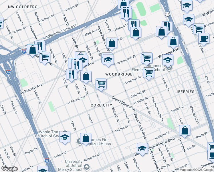 map of restaurants, bars, coffee shops, grocery stores, and more near 4600 Wabash Street in Detroit