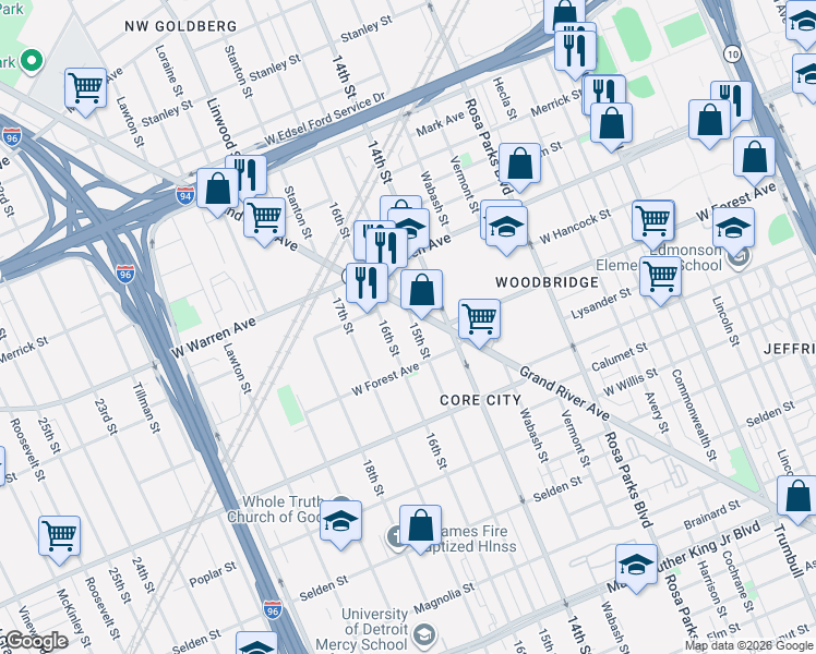 map of restaurants, bars, coffee shops, grocery stores, and more near 4756 Grand River Avenue in Detroit