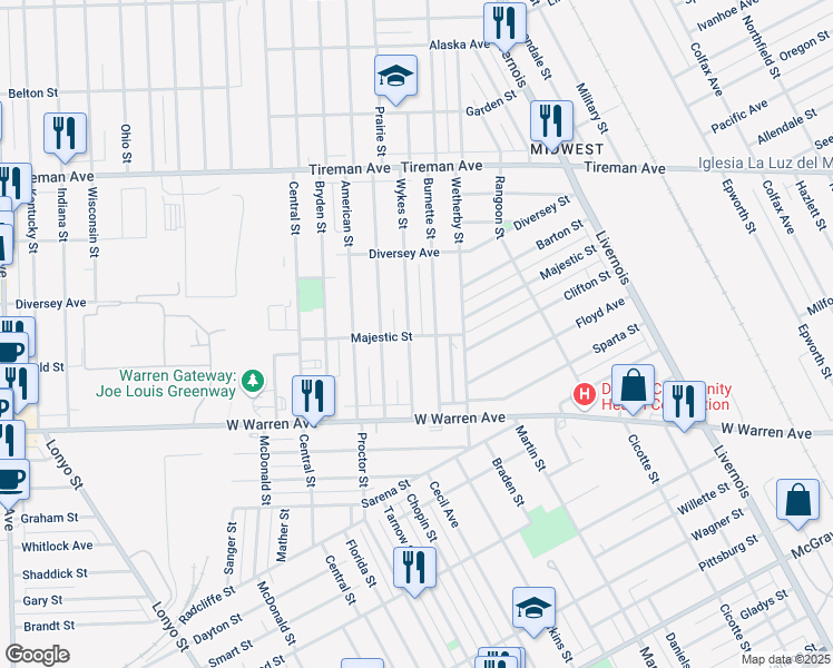 map of restaurants, bars, coffee shops, grocery stores, and more near 7453 Wykes Street in Detroit