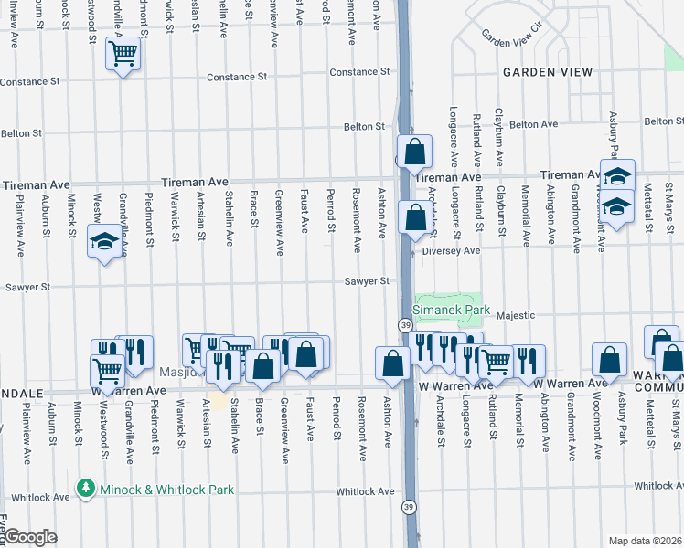 map of restaurants, bars, coffee shops, grocery stores, and more near 7671 Penrod Street in Detroit