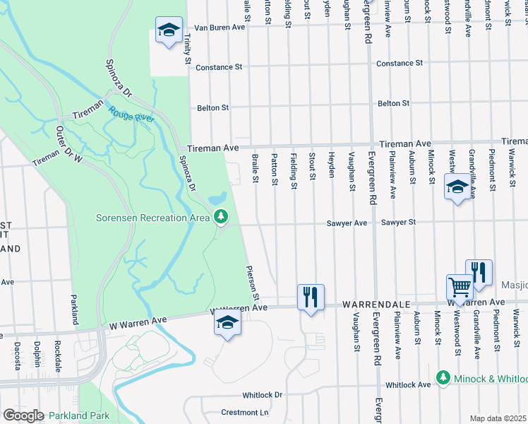 map of restaurants, bars, coffee shops, grocery stores, and more near 7688 Braile Street in Detroit