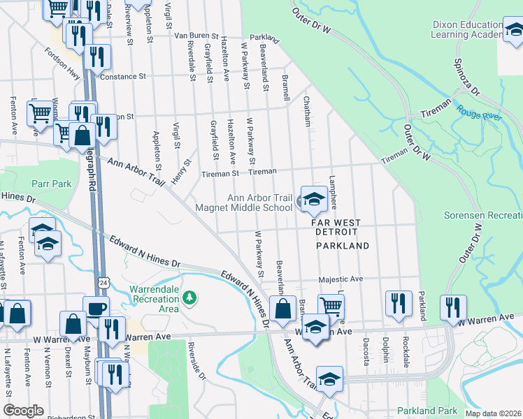 map of restaurants, bars, coffee shops, grocery stores, and more near 7710 West Parkway Street in Redford Charter Township