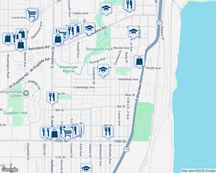 map of restaurants, bars, coffee shops, grocery stores, and more near 517 Helmholz Avenue in Waukegan