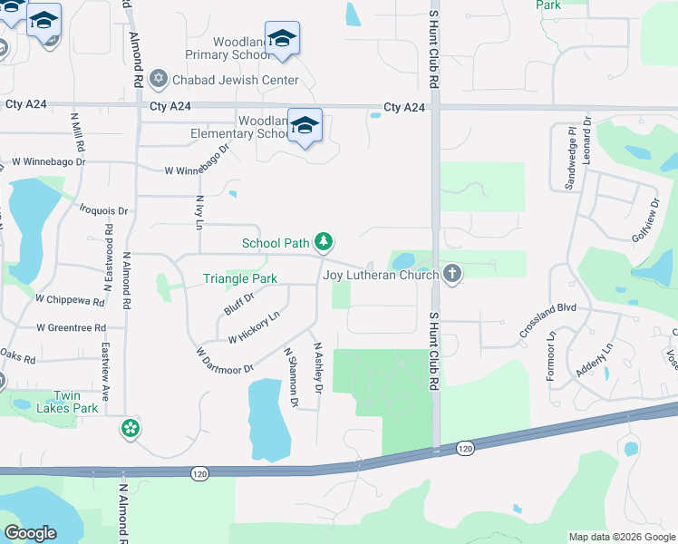 map of restaurants, bars, coffee shops, grocery stores, and more near 17240 West Woodland Drive in Grayslake