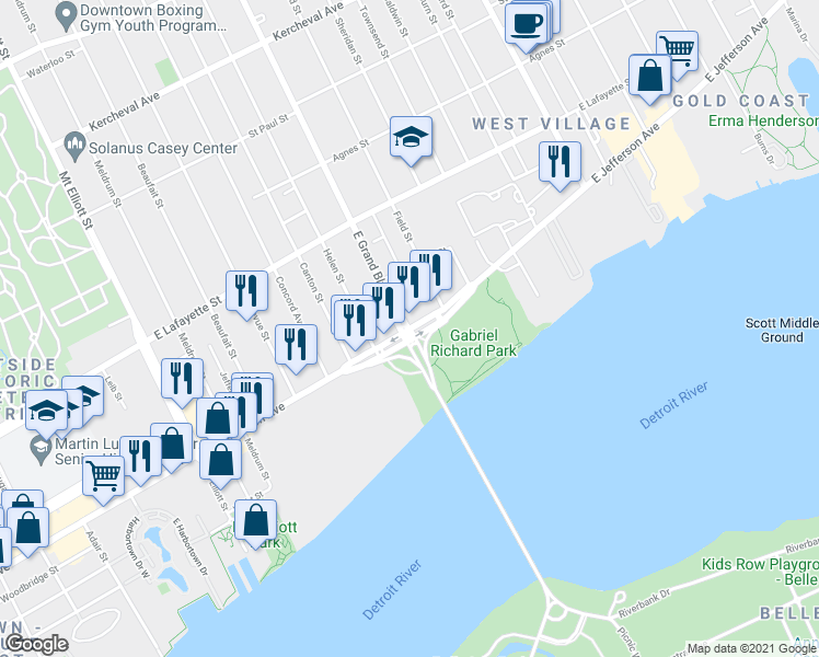 map of restaurants, bars, coffee shops, grocery stores, and more near 7201 East Jefferson Avenue in Detroit