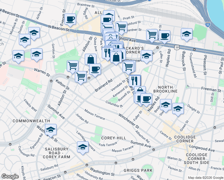 map of restaurants, bars, coffee shops, grocery stores, and more near Verndale Street in Brookline