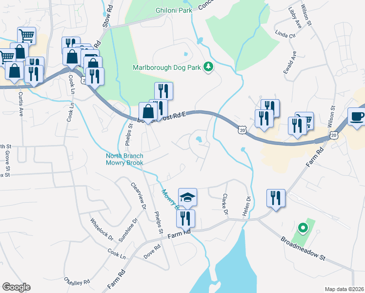 map of restaurants, bars, coffee shops, grocery stores, and more near 15 Holly Hill Lane in Marlborough