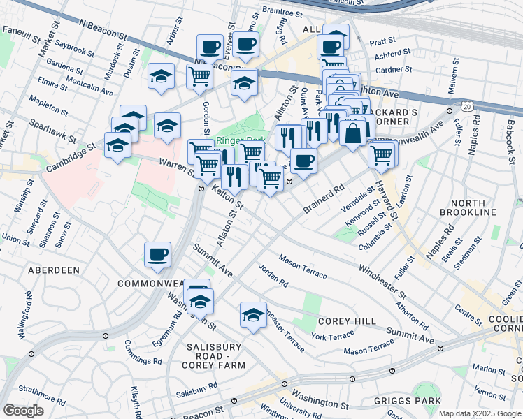 map of restaurants, bars, coffee shops, grocery stores, and more near 1348 Commonwealth Avenue in Boston
