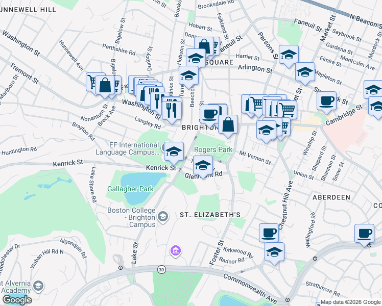 map of restaurants, bars, coffee shops, grocery stores, and more near 226 Lake Street in Boston