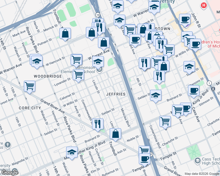 map of restaurants, bars, coffee shops, grocery stores, and more near 4239 Miracles Boulevard in Detroit