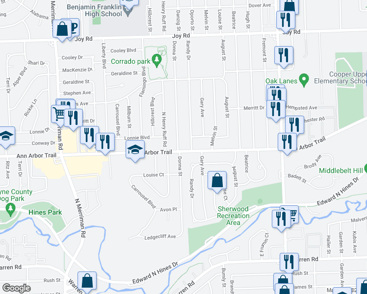 map of restaurants, bars, coffee shops, grocery stores, and more near 8057 Randy Drive in Westland