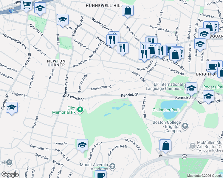 map of restaurants, bars, coffee shops, grocery stores, and more near 112 Huntington Road in Newton