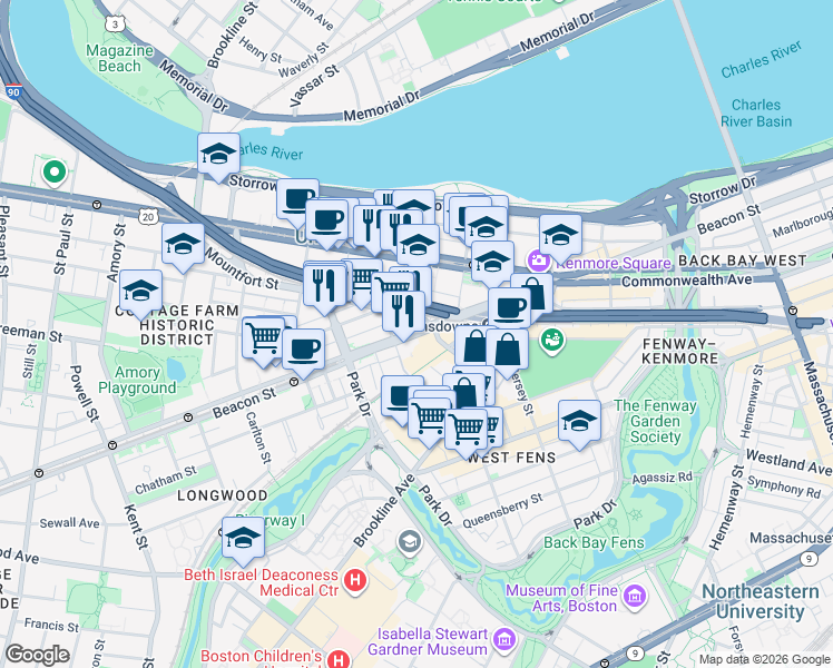 map of restaurants, bars, coffee shops, grocery stores, and more near 46R Mountfort Street in Boston