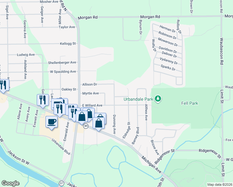 map of restaurants, bars, coffee shops, grocery stores, and more near 148 Dunning Avenue in Battle Creek