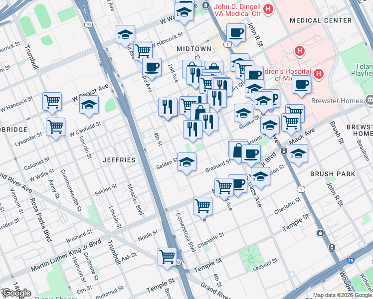 map of restaurants, bars, coffee shops, grocery stores, and more near 635 West Alexandrine Street in Detroit