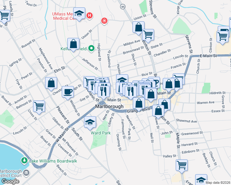 map of restaurants, bars, coffee shops, grocery stores, and more near 119 Washington Street in Marlborough