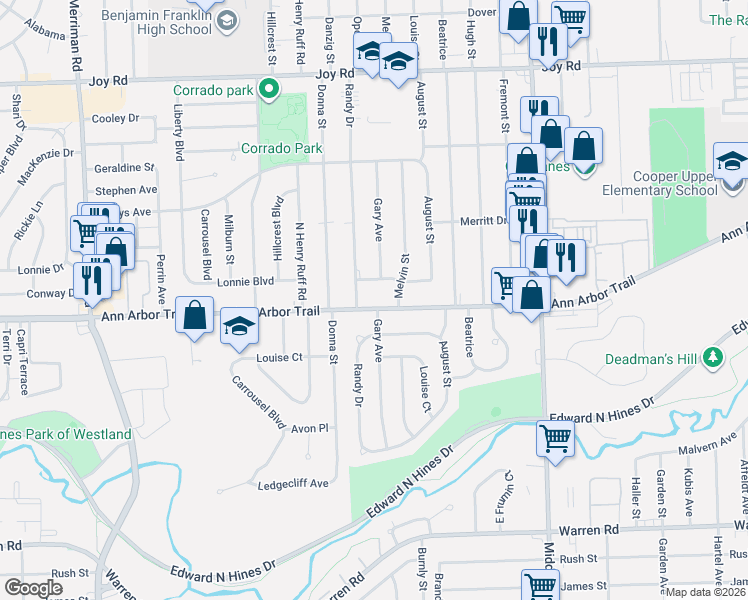 map of restaurants, bars, coffee shops, grocery stores, and more near 30064 Ann Arbor Trail in Westland