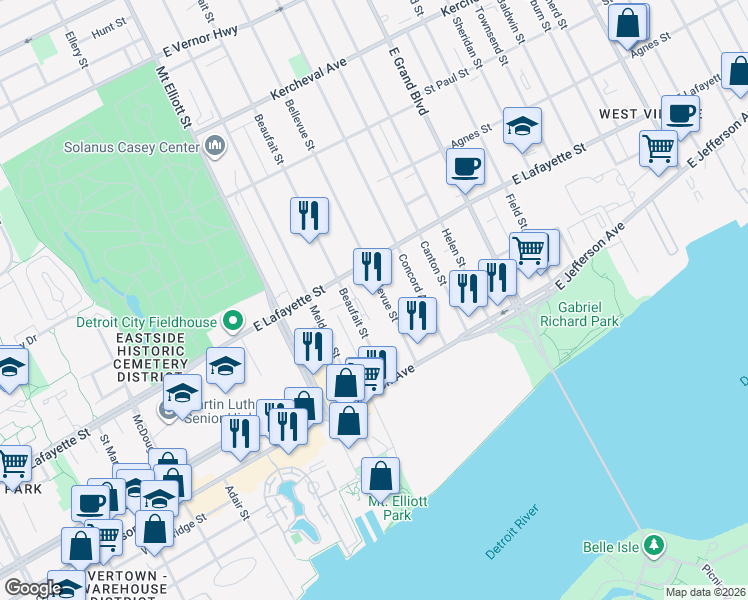 map of restaurants, bars, coffee shops, grocery stores, and more near 575 Bellevue Street in Detroit