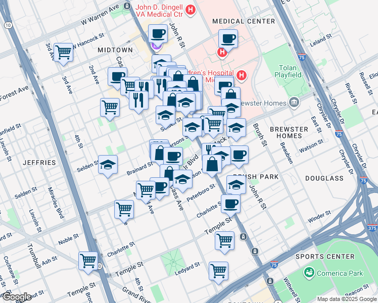 map of restaurants, bars, coffee shops, grocery stores, and more near 40 Davenport Street in Detroit