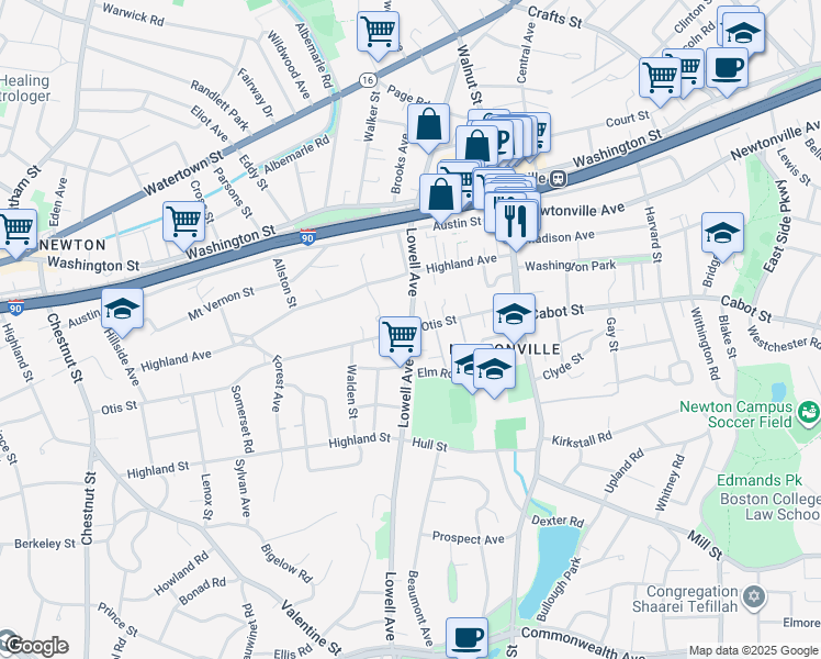 map of restaurants, bars, coffee shops, grocery stores, and more near Lowell Avenue in Newton