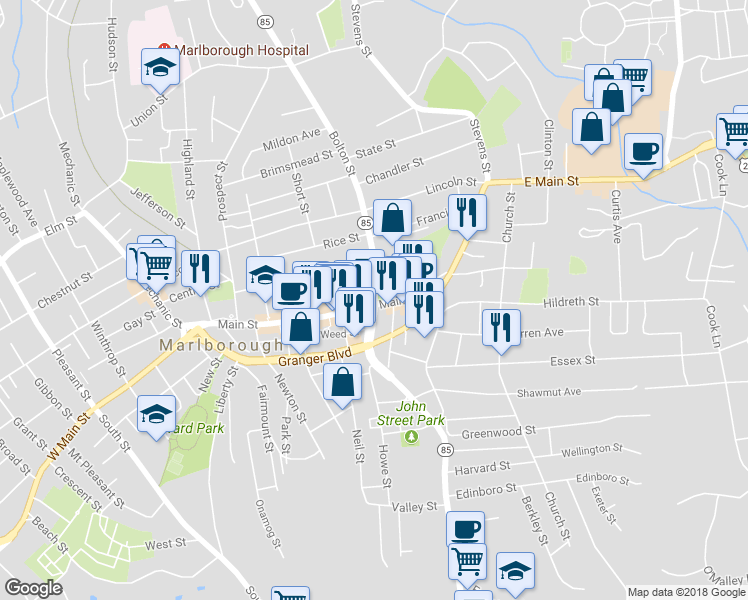 map of restaurants, bars, coffee shops, grocery stores, and more near 0 Bolton Street in Marlborough