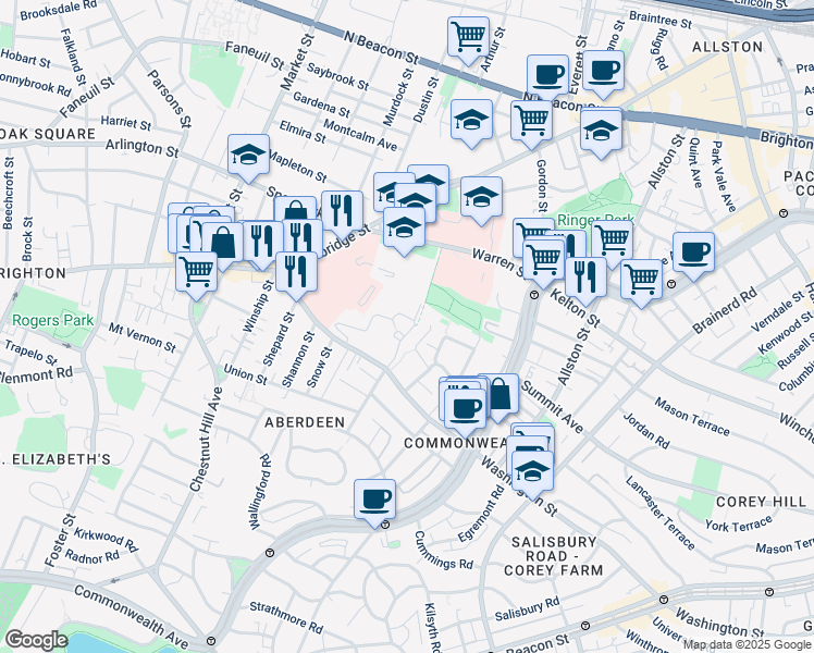 map of restaurants, bars, coffee shops, grocery stores, and more near 175 Washington Street in Boston