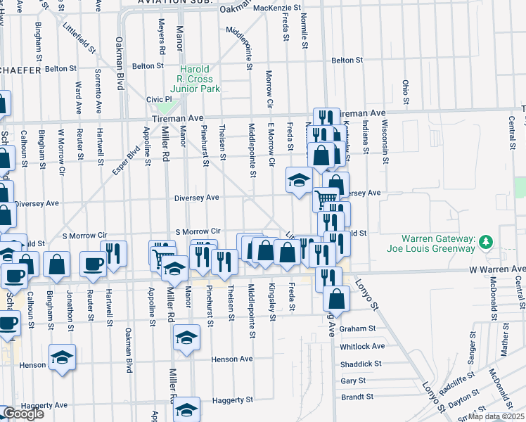 map of restaurants, bars, coffee shops, grocery stores, and more near 7600 Middlepointe Street in Dearborn