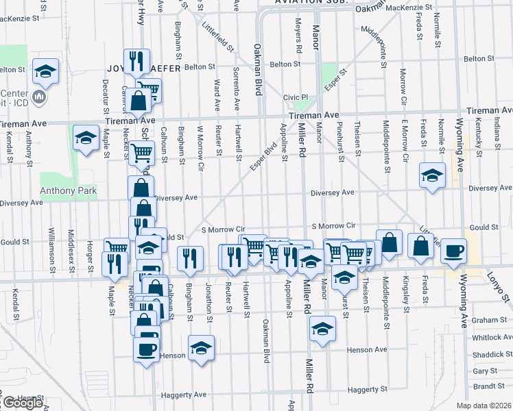 map of restaurants, bars, coffee shops, grocery stores, and more near 7600 Hartwell Street in Dearborn