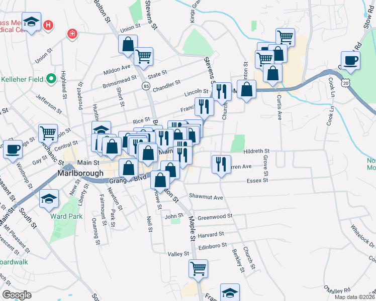 map of restaurants, bars, coffee shops, grocery stores, and more near in Marlborough