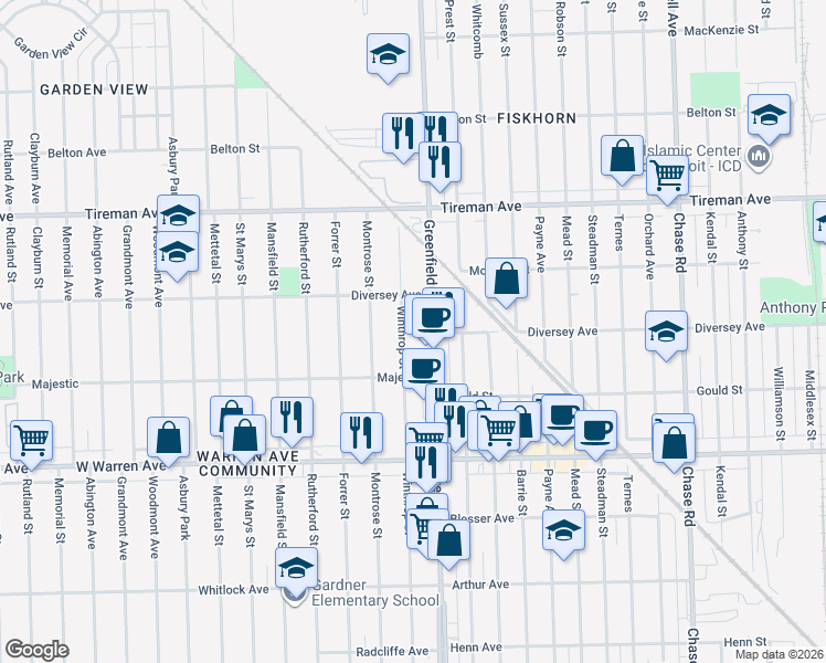 map of restaurants, bars, coffee shops, grocery stores, and more near 7540 Winthrop Street in Detroit
