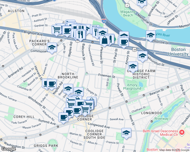 map of restaurants, bars, coffee shops, grocery stores, and more near 217 Freeman Street in Brookline