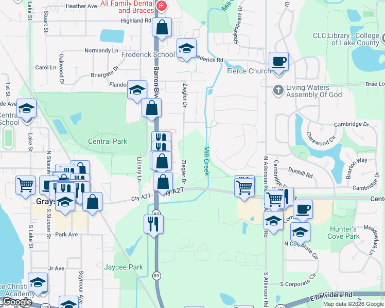 map of restaurants, bars, coffee shops, grocery stores, and more near 301 Ziegler Drive in Grayslake