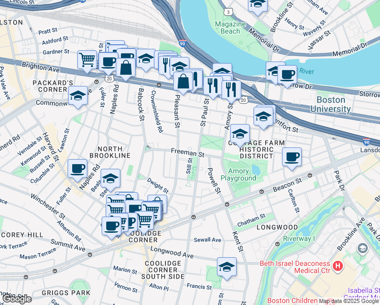 map of restaurants, bars, coffee shops, grocery stores, and more near 73 Thatcher Street in Brookline