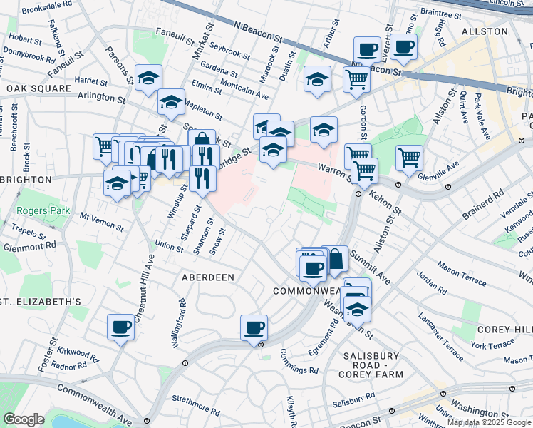 map of restaurants, bars, coffee shops, grocery stores, and more near 175 Washington Street in Boston