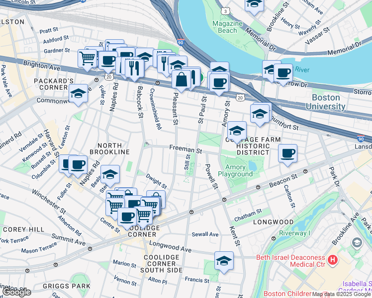 map of restaurants, bars, coffee shops, grocery stores, and more near 73 Thatcher Street in Brookline